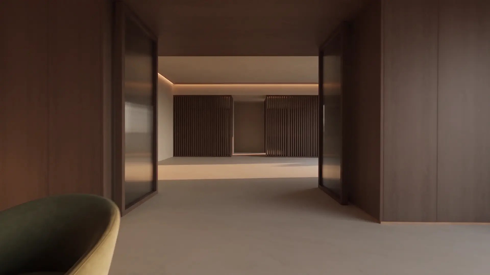 A sculptural dining space with a Pooja niche beyond