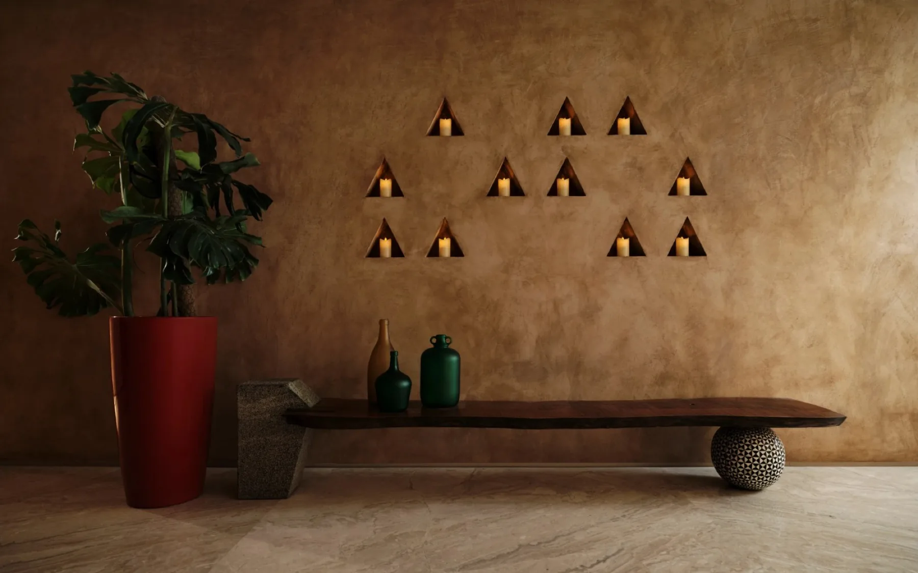 A textured wall and bench detail